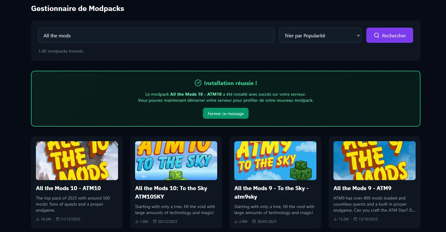 Success message "Modpack installation completed successfully!"