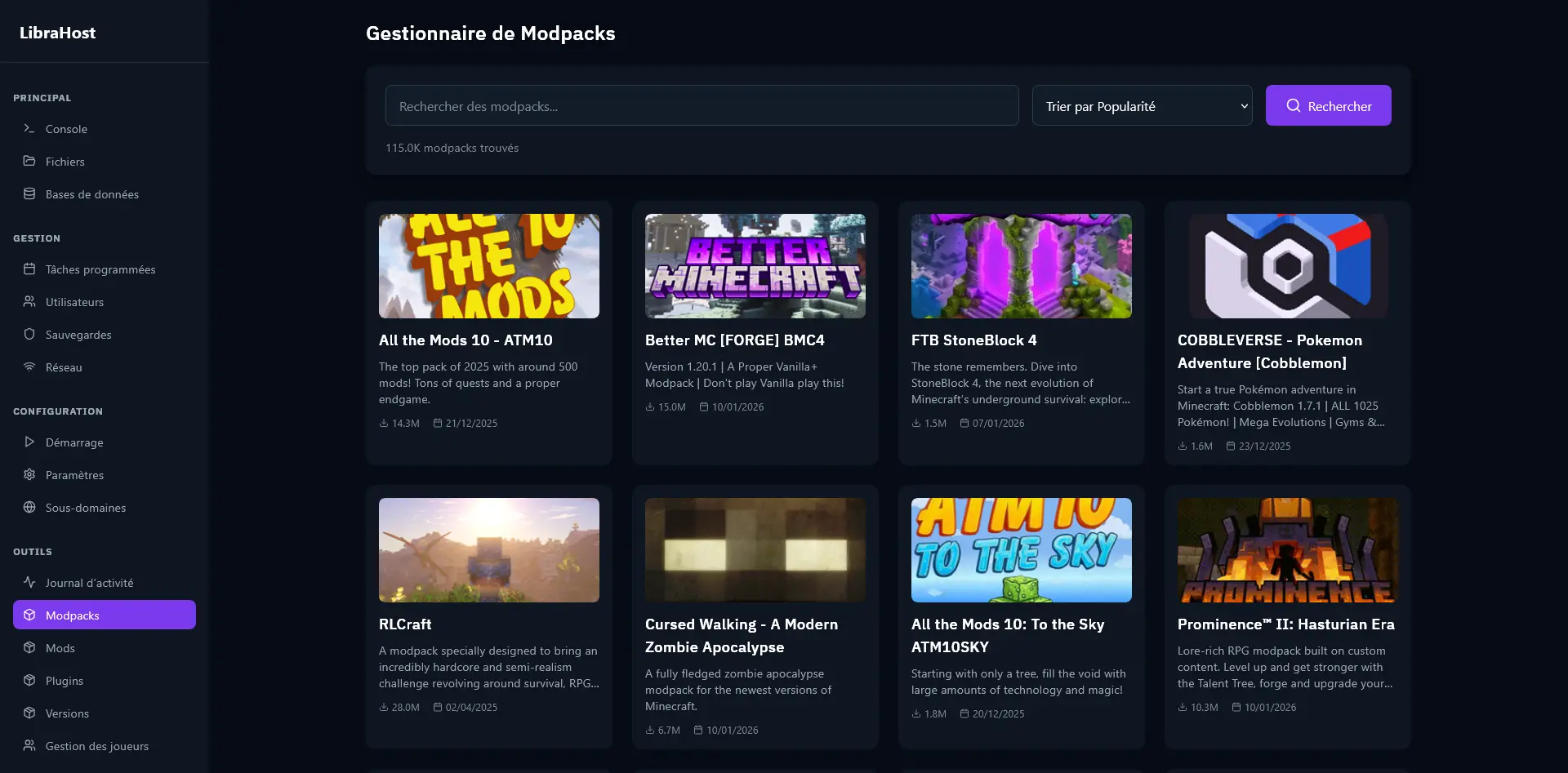 Modpack manager overview with the modpack grid