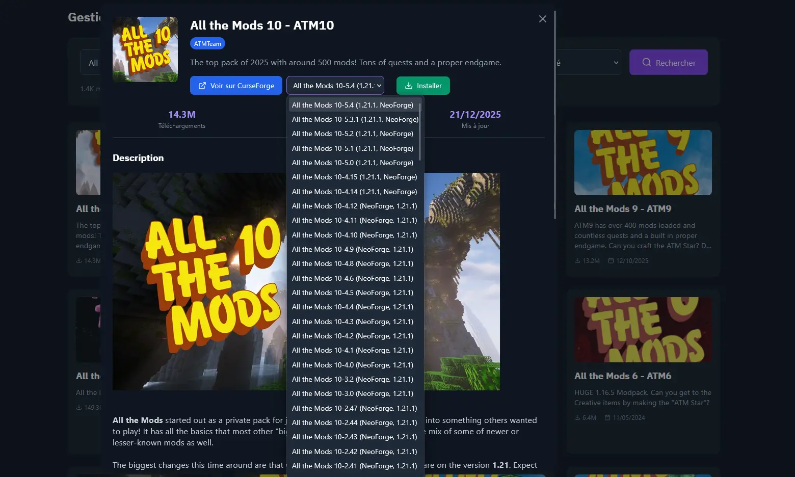 Open version dropdown menu with multiple options
