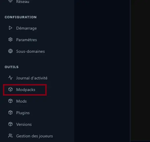 Server navigation bar with the Modpacks tab