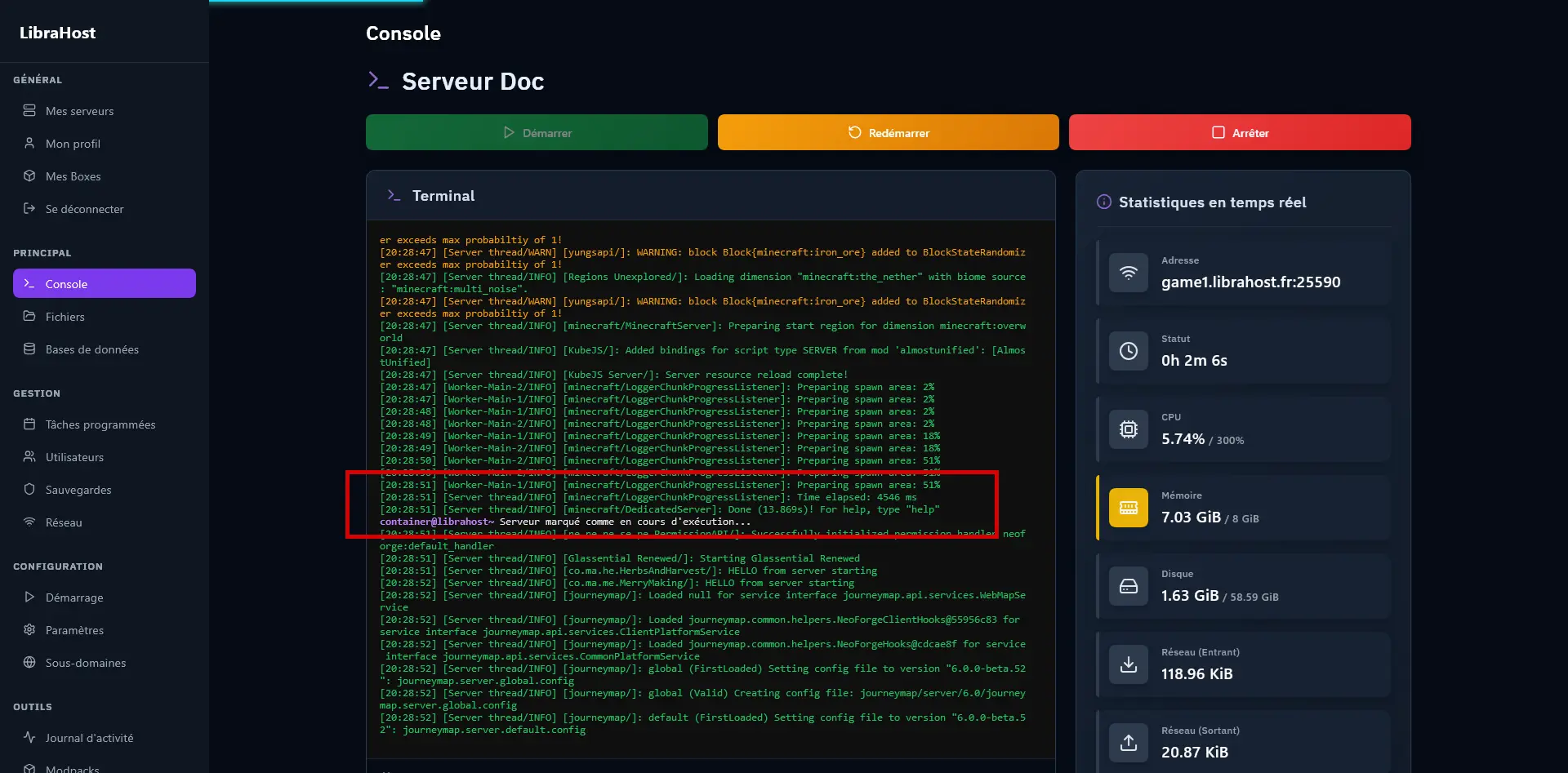 Console with the "Done" message indicating the server is ready