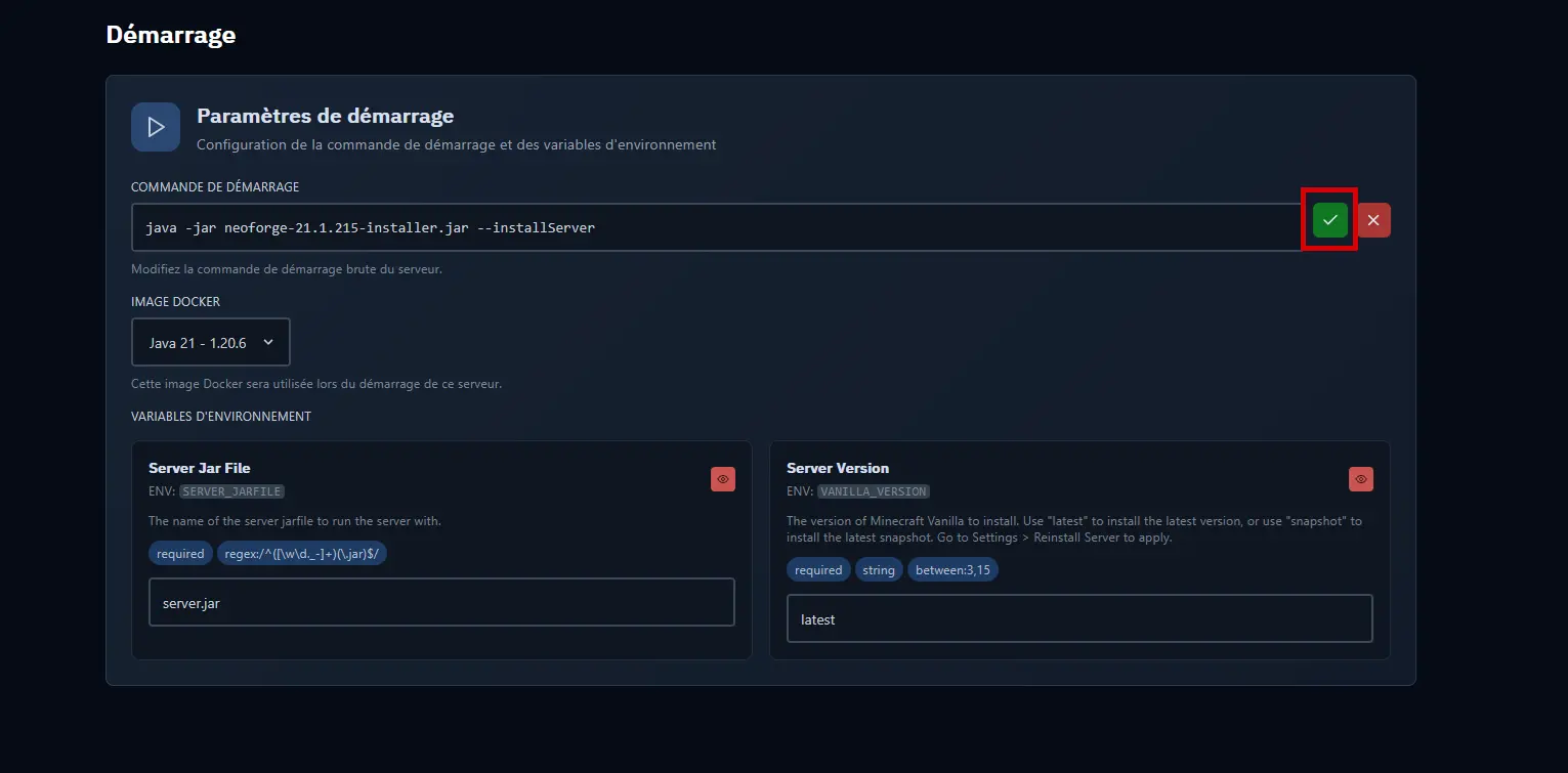 Startup command in edit mode with validate/cancel buttons