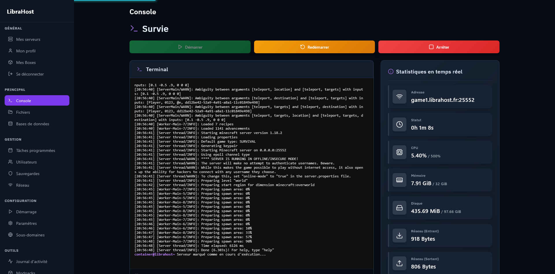 Screenshot of the game server management panel